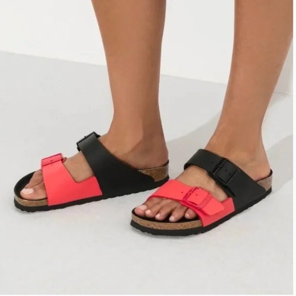 Birkenstock Arizona *Black & Poppy Red* Split Color / 36 N / Birko-Flor / EUC - Picture 1 of 15